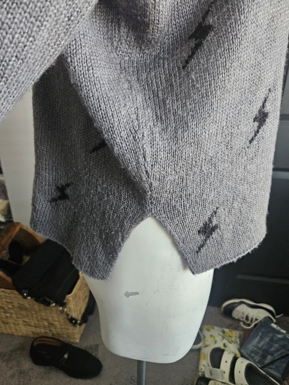 Wooden Ships Gray Black Lightning Bolt Mohair Blend V-neck Sweater XS/S - Picture 5 of 11